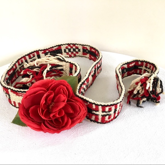 Vintage Wool Belt Handwoven Red & Black Tie Belt - Picture 7 of 8